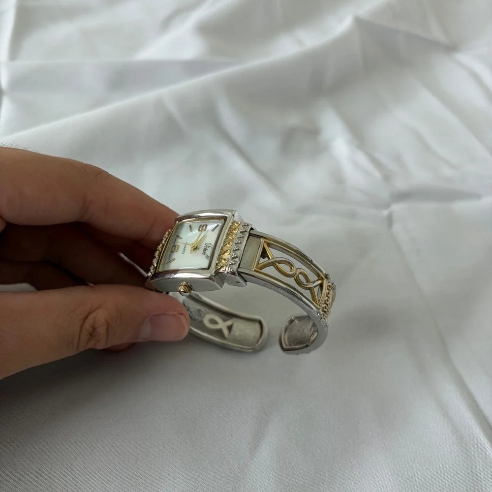 Vivani Two Tone Silver Gold Cuff Watch Mother of Pearl Dial Filigree Bracelet